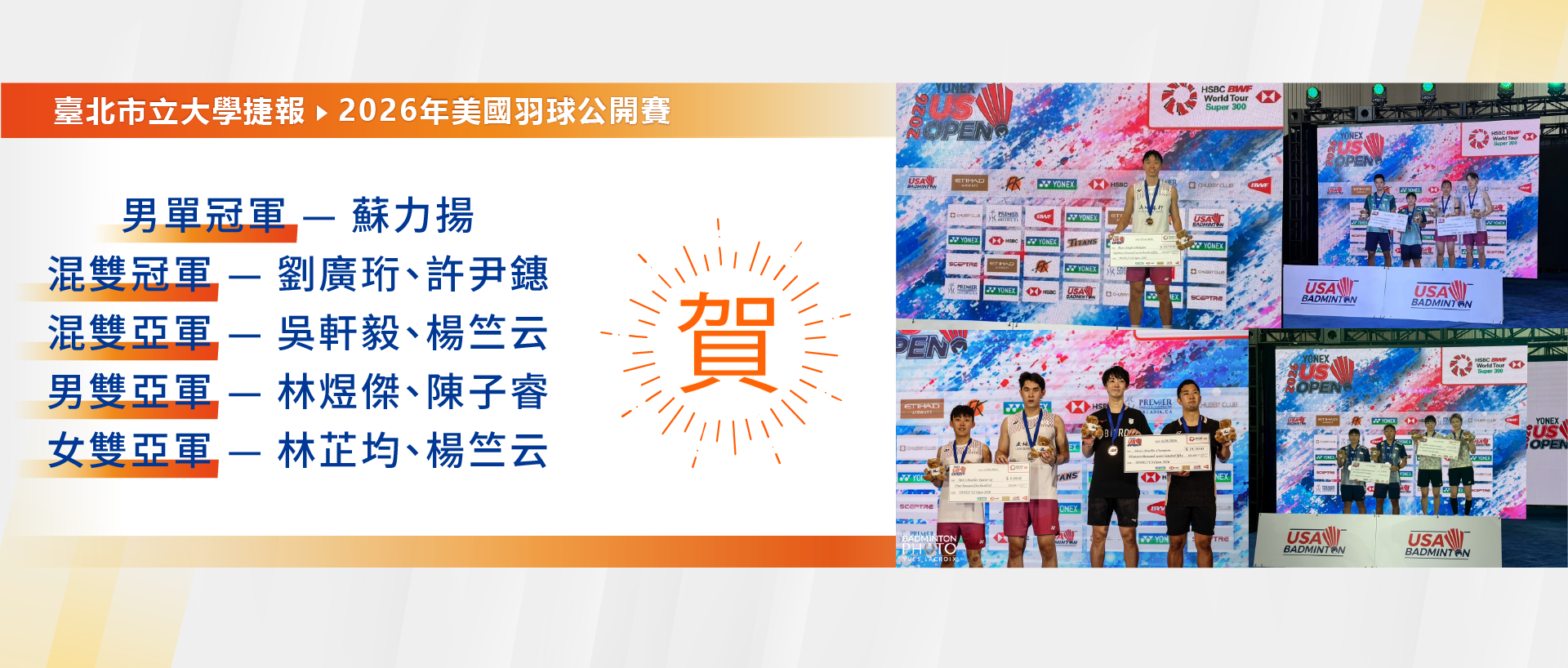 賀本校2026美國羽球公開賽榮獲佳績